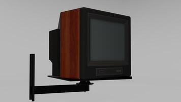 A tv mounted on a wall with a wooden stand photo