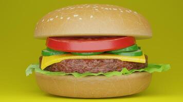 A hamburger with lettuce and tomato on a yellow background photo