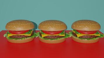Three hamburgers on a red surface photo