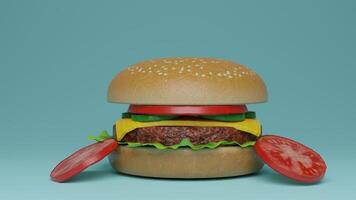 A hamburger with a slice of tomato and a slice of cheese photo