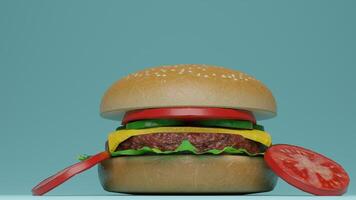 A hamburger with a tomato and lettuce on it photo