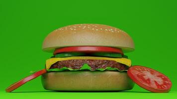 A hamburger with a tomato and lettuce on a green background photo