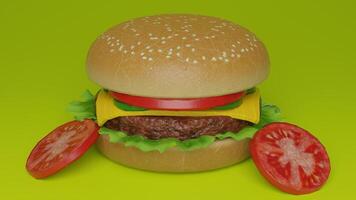 A hamburger with cheese and tomatoes on a green background photo