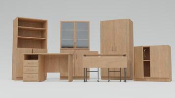 A set of furniture including a desk, chair and cabinet photo