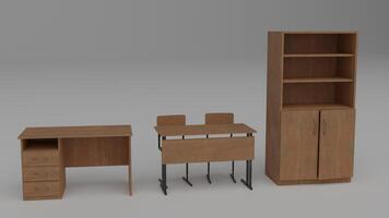 3d model of a desk, chair and cabinet photo