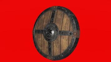A wooden shield on a red background photo