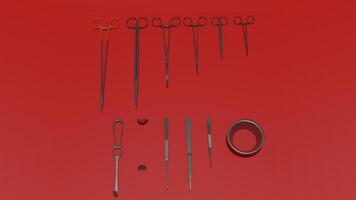 A collection of surgical instruments on a red background photo