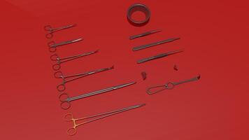 A set of surgical instruments on a red background photo