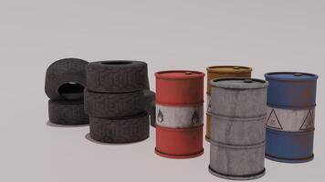 A group of barrels with different colors and sizes photo