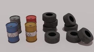 A group of tires and barrels on a gray surface photo