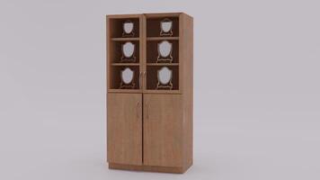 A tall wooden cabinet with a mirror on top photo