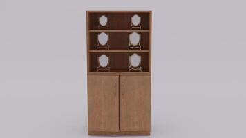 A tall wooden cabinet with three shelves photo