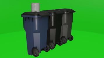Three trash cans with a green background photo
