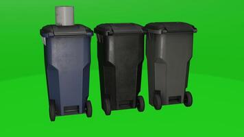Three trash cans with wheels and a green background photo