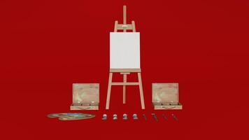 A set of tools and easel on a red background photo