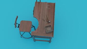 A desk and chair with a tool on top photo