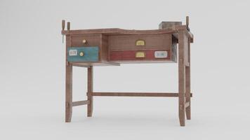 A small wooden desk with drawers and a small table photo