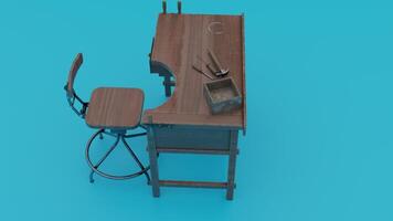 A small desk with a chair and a tool box photo