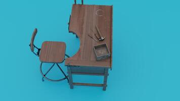 A desk with a chair and a tool box photo