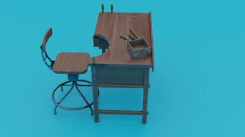 A small desk with a stool and a chair photo