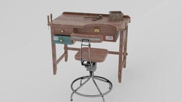 A small desk with a stool and a drawer photo