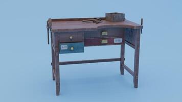 A small wooden workbench with drawers and a drawer photo