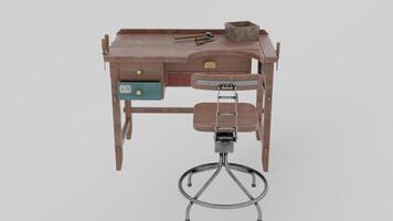 A small desk with a stool and a drawer photo