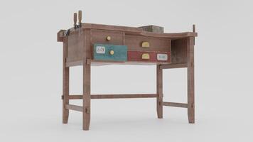A small wooden desk with drawers and a small table photo