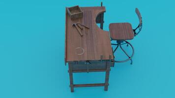 A desk with a chair and a tool box photo