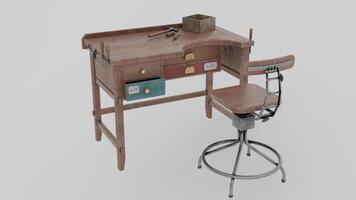 A small desk with a stool and a drawer photo