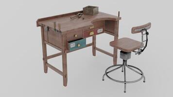 A small desk with a stool and drawer photo