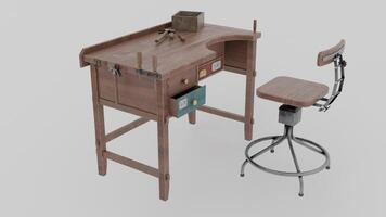 A small desk with a stool and a drawer photo