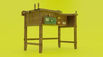 A small desk with drawers on a yellow background photo