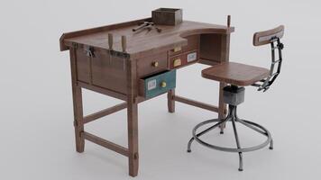 A small desk with a stool and a drawer photo