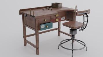 A small desk with a stool and drawer photo