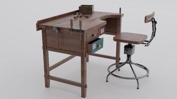 A small desk with a stool and a drawer photo