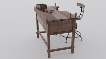 A small workbench with a chair and a stool photo