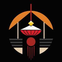 A red and black logo with a red and orange lantern vector