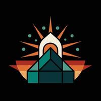 A logo for a pyramid with a sun behind it vector