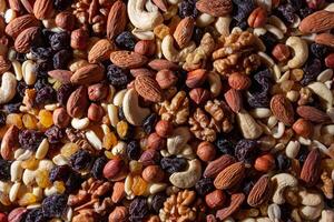 Mixed Nuts. Almonds, Walnuts, Cashews, Peanuts, Hazelnuts, Dried Prunes and Raisins. Different Nut Mix. Background from Various Nuts and Dried Fruits photo