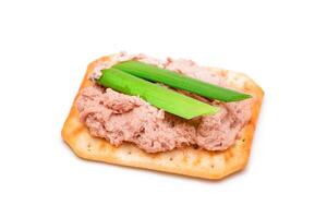 Crispy Salted Cracker with Liver Pate and Green Onions - Isolated on White. Easy Snack - Isolation photo