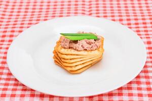 Crispy Salted Cracker with Liver Pate and Green Onions on White Plate. Easy Snack photo