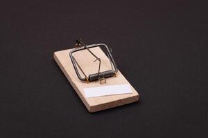 Blank White Sheet of Paper in Wooden Mousetrap - Template. Small Memo Paper in Mouse Trap on Black Background photo
