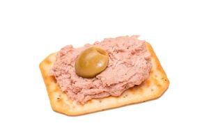 Crispy Salted Cracker with Liver Pate and Olives - Isolated on White. Easy Snack - Isolation photo