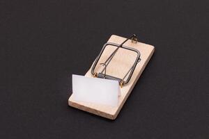 Blank White Sheet of Paper in Wooden Mousetrap - Template. Small Memo Paper in Mouse Trap on Black Background photo