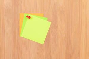 Colored Sticky Notes with Copyspace Pinned to the Wooden Message Board. To Do List Reminder in Office. Blank Memo Sticker at Work - Template. Empty Checklist - Mockup photo