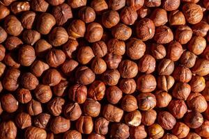 Scattered Peeled Hazelnut - Top View. Background from Hazelnuts. Natural High-Calorie Snacks photo