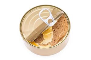 Opened Tin Can with Chicken Liver Pate Isolated on White Background. Open Canned Pate - Isolation photo