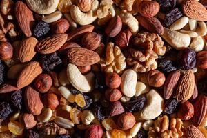 Mixed Nuts. Almonds, Walnuts, Cashews, Peanuts, Hazelnuts, Dried Prunes and Raisins. Different Nut Mix. Background from Various Nuts and Dried Fruits photo