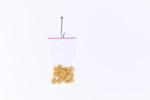 The Pharmaceutical Trap and Drug Addiction - Colored Pills or Tablets Hanging in Small Ziplock Bag on a Fishing Hook Against the White Background photo